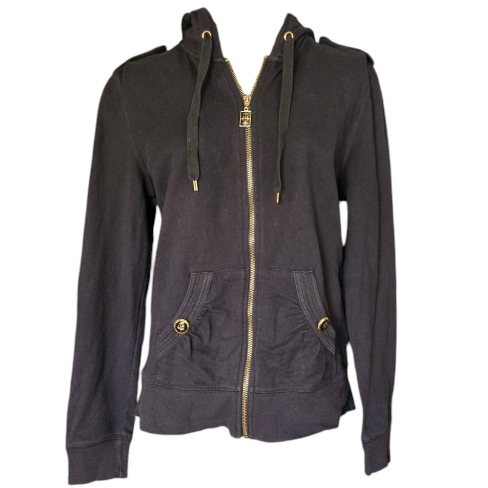Black Cotton Zip Hoodie with Gold Hardware Size Medium